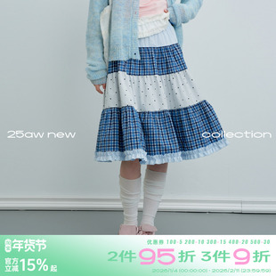 riverstone plus 复古格纹拼接A字花边蛋糕半身裙春季女中长裙