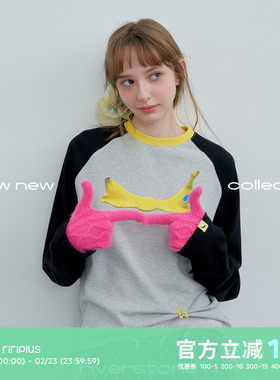 riverstone plus水果印花插肩袖长袖T恤女春季撞色条纹打底衫上衣