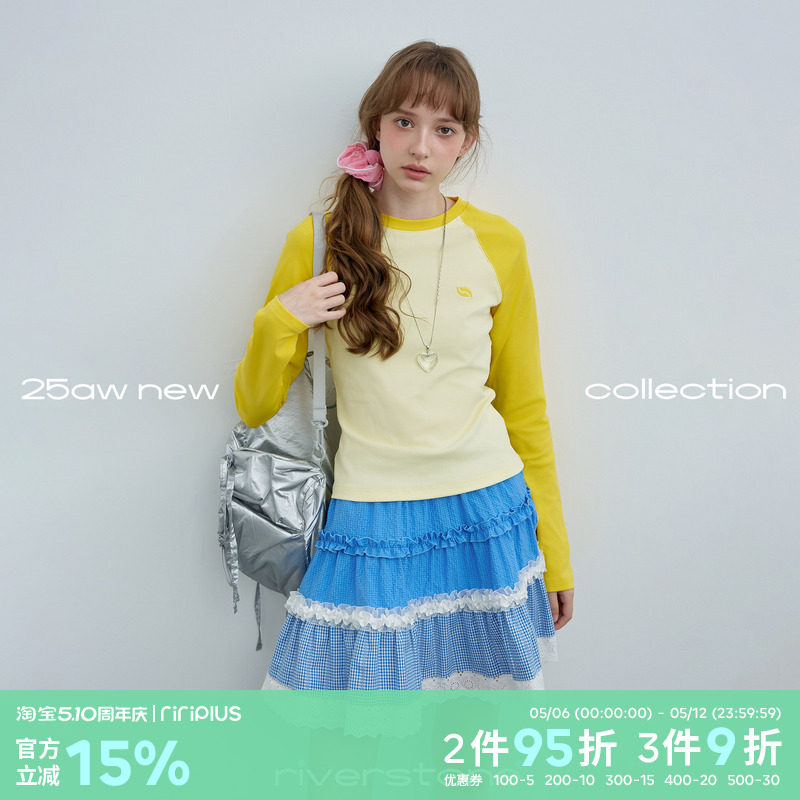 riverstone plus插肩袖撞色长袖T恤女正肩春季圆领修身打底衫上衣