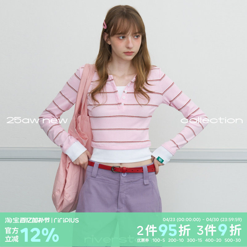 riverstone plus 假两件条纹百搭长袖T恤春季修身正肩V显瘦上衣女