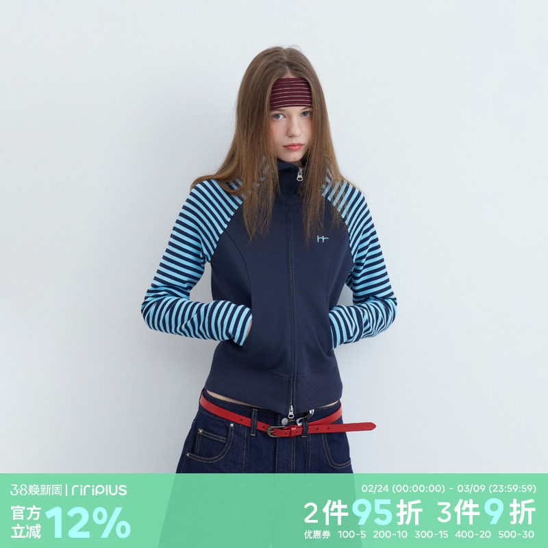 riverstone plus 条纹拼接刺绣连帽修身卫衣女休闲短款开衫外套