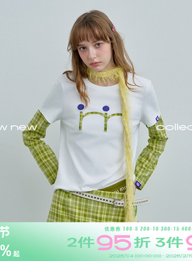 riverstone plus 假两件修身格纹刺绣拼接长袖t恤女秋季正肩上衣