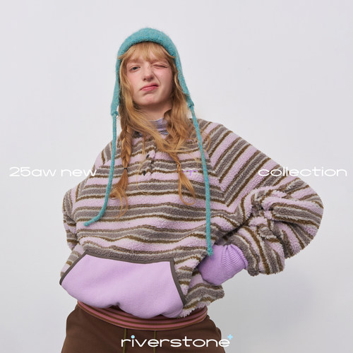 riverstone plus仿羊羔毛条纹亨利领插袋加厚卫衣女冬季保暖外套