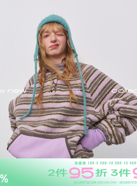 riverstone plus仿羊羔毛条纹亨利领插袋加厚卫衣女冬季保暖外套