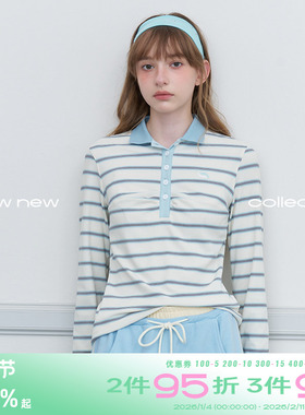 riverstone plus 撞色百搭条纹长袖t恤秋季翻领修身POLO衫上衣女