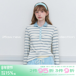 riverstone plus 撞色百搭条纹长袖t恤春季翻领修身POLO衫上衣女