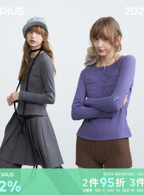 riverstone plus亨利领百搭长袖T恤女贴布口袋修身显瘦纯色打底衫