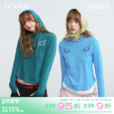riverstone plus 连帽条纹对称翅膀印花薄卫衣女正肩修身长袖t恤
