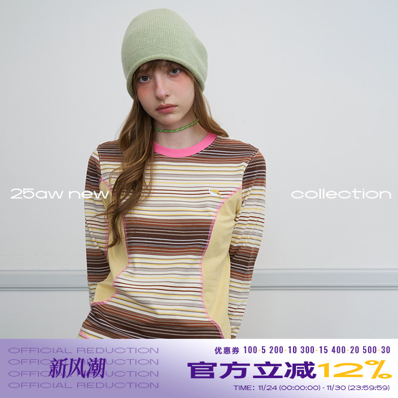 riverstone plus修身圆领长袖t恤女秋季条纹拼接撞色正肩打底衫