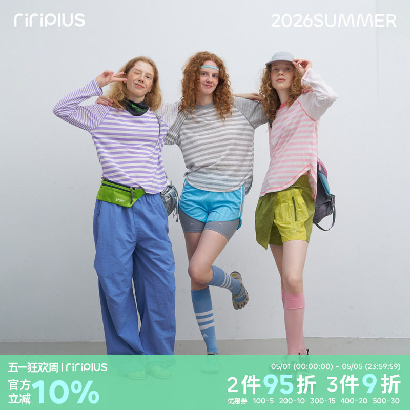 riverstone plus 条纹运动风插肩袖长袖T恤女百搭宽松空调衫罩衫