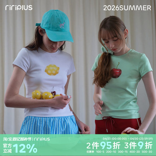 riverstone plus  水果波点印花正肩短袖T恤女修身收腰潮流打底衫