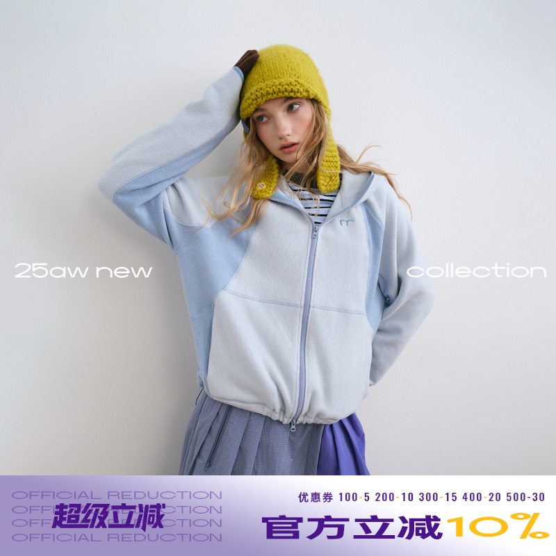 riverstone plus 摇粒绒连帽拉链休闲外套女冬季山系撞色保暖夹克