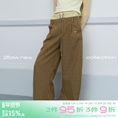 riverstone 女春百搭阔腿直通裤 plus 假两件腰头系绳格纹休闲裤