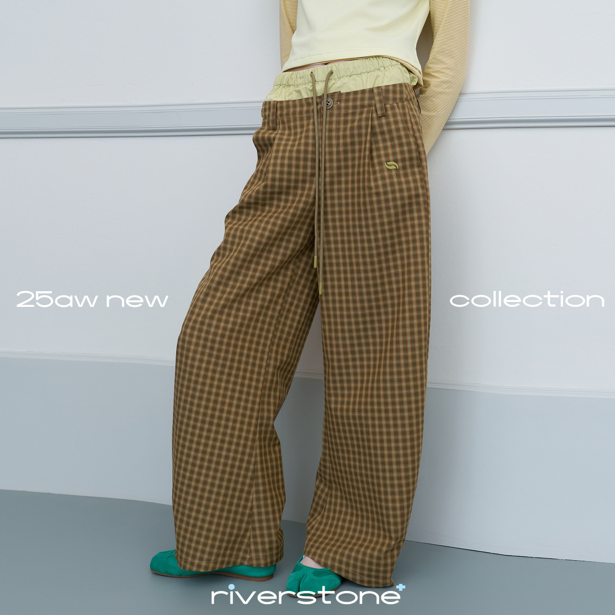 riverstone plus  假两件腰头系绳格纹休闲裤女春百搭阔腿直通裤,女装/女士精品,休闲裤,淘宝优惠券,粉丝福利购,淘宝优惠卷