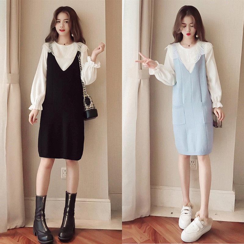 哺乳装外出时尚春秋辣妈网红款套装喂奶上衣吊带针织连衣裙两件套