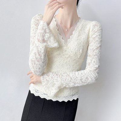 加绒蕾丝上衣轻奢高级感打底衫2025新款叠穿内搭长袖v领别致小衫