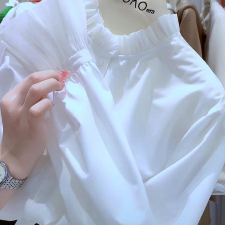 白色木耳边领长袖衬衫女2025春季新款韩版简约上衣洋气减龄衬衣