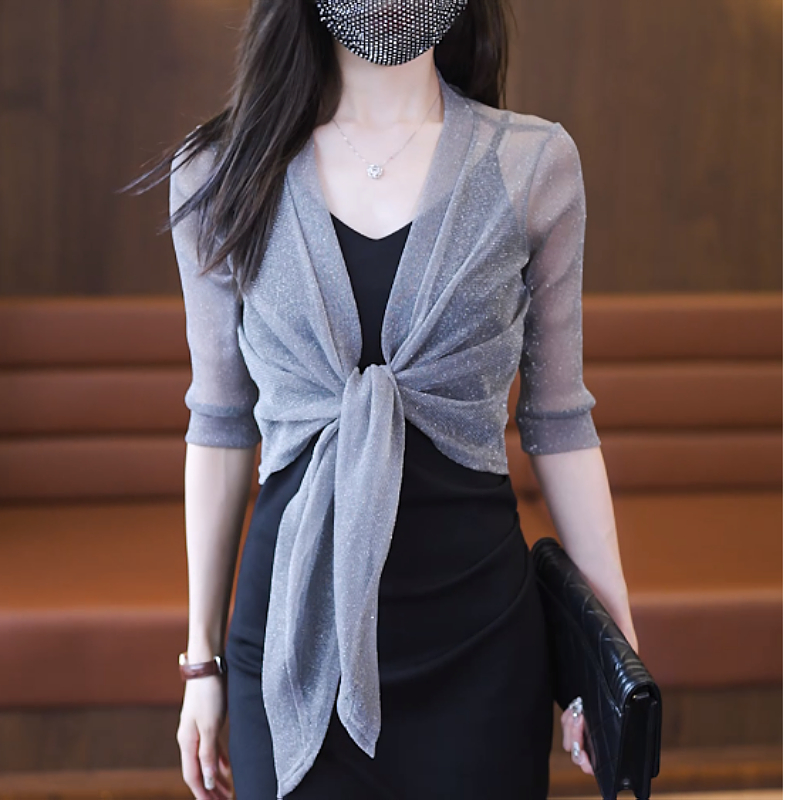 夏季爆披肩小坎肩短款配吊带裙的小外搭开衫大码宽松亮丝外套罩衫