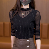 新款 上衣女t恤小衫 洋气烫钻打底衫 百搭气质内搭显瘦长袖 时尚 春季