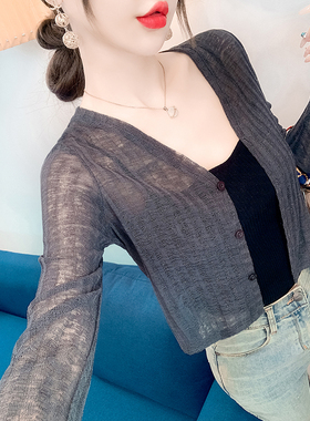 灰色短款针织防晒开衫女夏季薄款披肩配吊带裙的小外搭罩衫空调衫