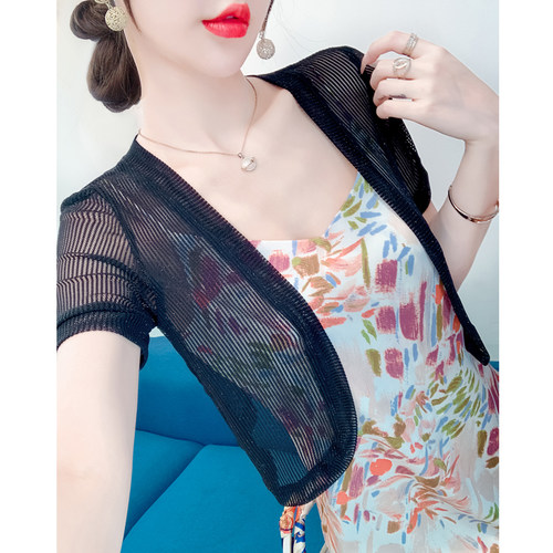 网纱冰丝开衫女短袖小坎肩夏季吊带连衣裙外搭防晒小披肩薄款罩衫