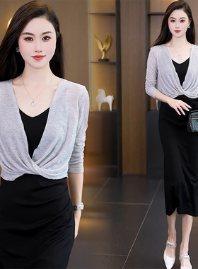 冰丝灰色长袖罩衫女夏季配吊带裙的小披肩外搭短款防晒小坎肩上衣