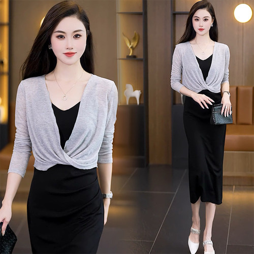 冰丝灰色长袖罩衫女夏季配吊带裙的小披肩外搭短款防晒小坎肩上衣