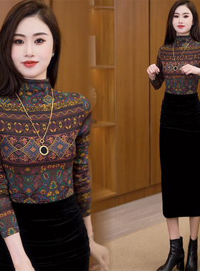 秋冬新款半高领磨毛打底衫女内搭别致印花上衣长袖时尚百搭款小衫