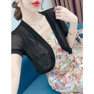 网纱短袖上衣女2025夏季新款黑色披肩吊带裙外搭开衫薄款罩衫外套