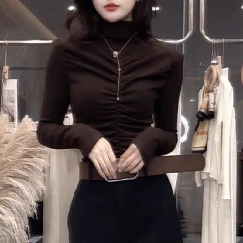 长袖t恤女2025新款秋冬半高领打底衫设计感褶皱显瘦洋气内搭上衣,女装/女士精品,T恤,淘宝优惠券,粉丝福利购,淘宝优惠卷