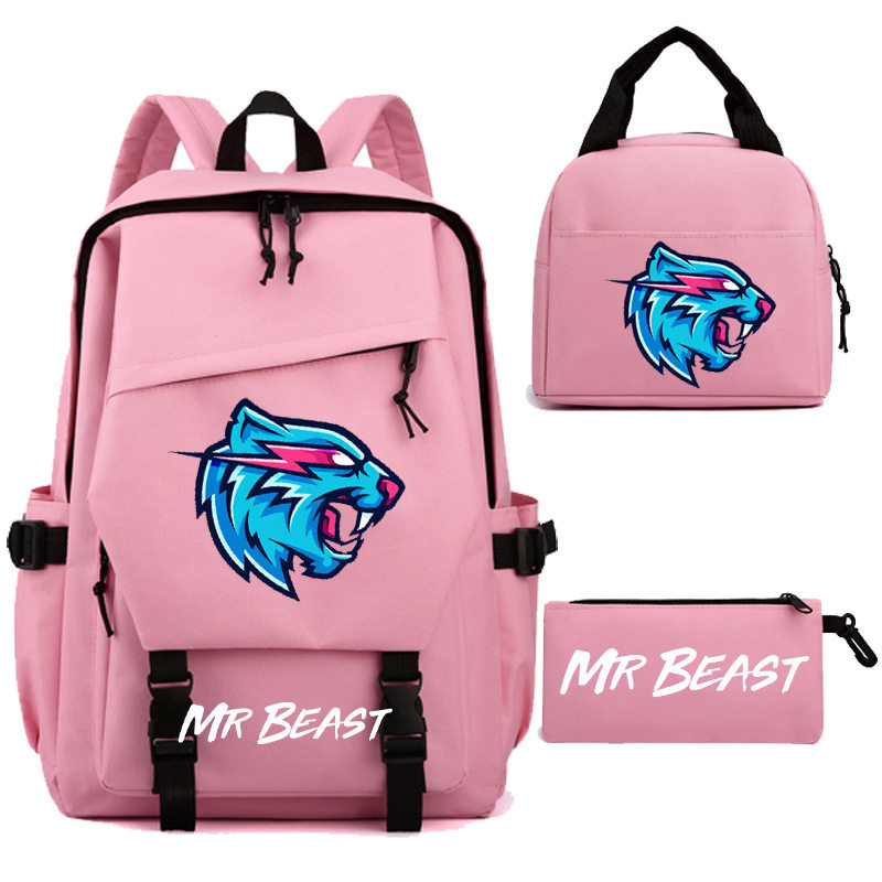 Mr Beast Lightning Cat书包三件套印花双肩包学生电脑休闲帆布包