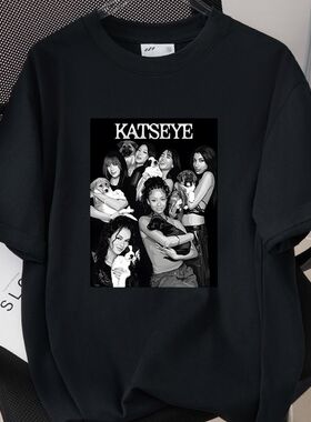2026新款KATSEYE 韩流女团复古印花T恤宽松上衣260克优质纯棉短袖