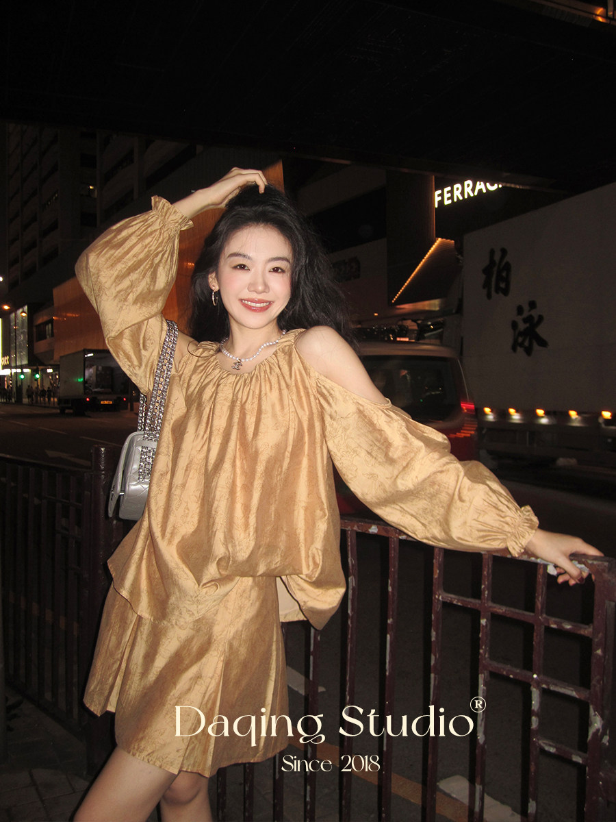 XU DAQING [DARK FLOWER SHADOW] 중국 스타일의 시원한 러플 셔츠 스커트 프린트 슈트 투피스 세트