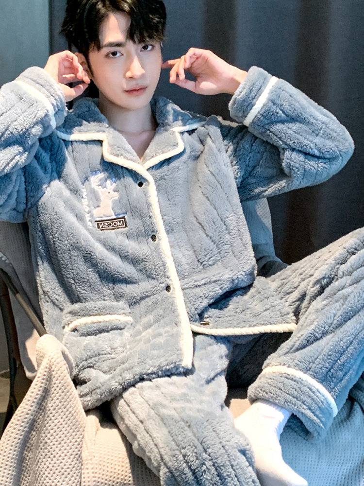 睡衣男款冬季开衫珊瑚绒加绒加厚保暖男士法兰绒家居服两件套装冬