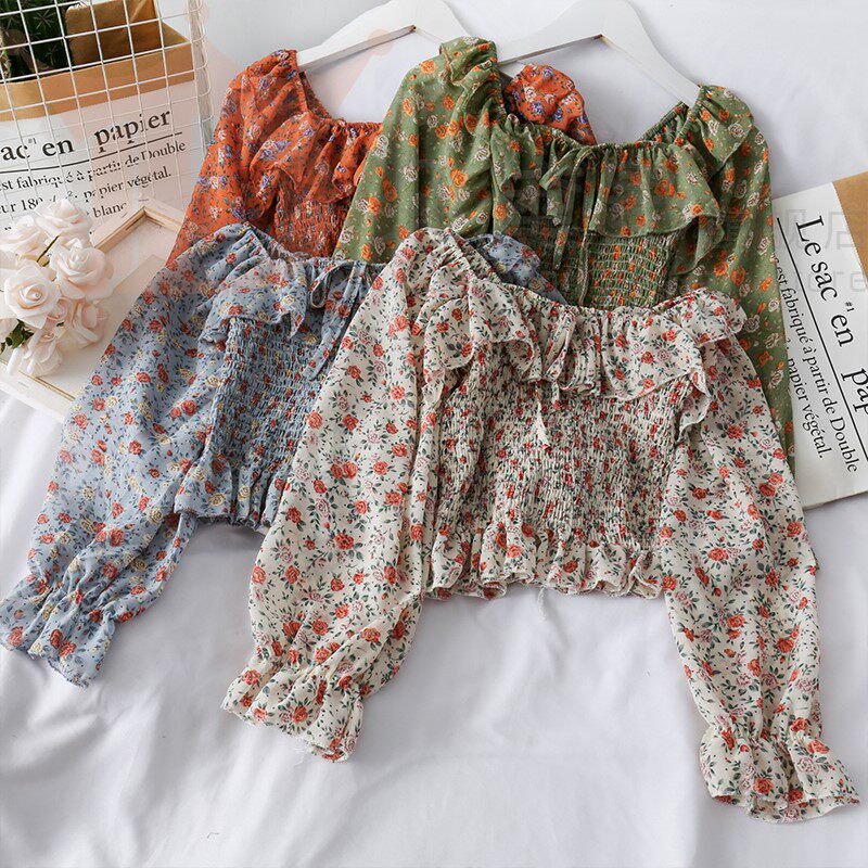 Self cultivation one word Broken flowers fold pagoda sleeve Lotus leaf shirt printing Versatile Chiffon Word collar Long sleevein the Women's clothing/Boutique , Shirt  category - from Buy2taobao.com to provide professional Taobao agent buy service