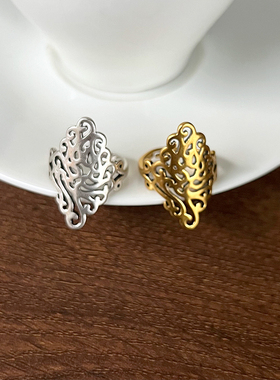 复古泰银树叶镂空开口戒指女