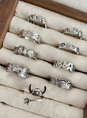 卡通姜饼人925银戒指小众猫狗