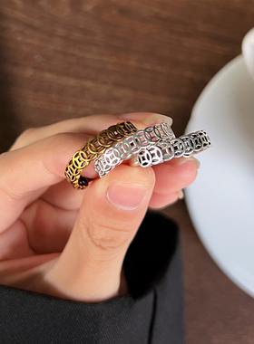 日韩复古铜钱925银简约指环女