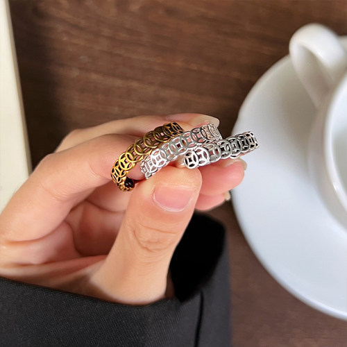 日韩复古铜钱925银简约指环女