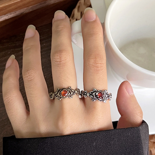 红色锆石泰银戒指女复古花朵不掉色饰品小众设计开口925纯银戒指