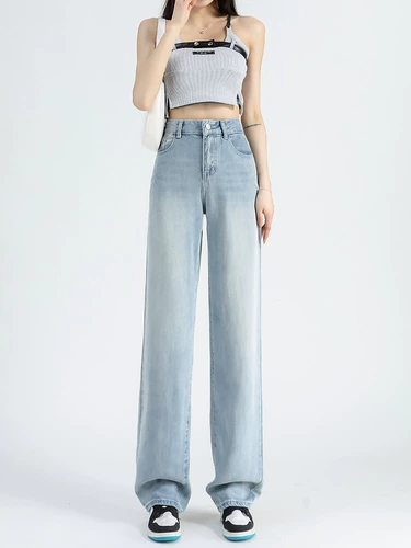 Весенние джинсы, приталенные шелковые штаны, 2024 года, высокая талия, подходит для подростков, свободный прямой крой