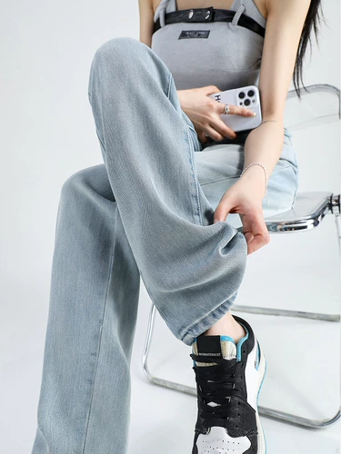 Весенние джинсы, приталенные шелковые штаны, 2024 года, высокая талия, подходит для подростков, свободный прямой крой