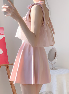 夏语微琪【樱】甜美粉纱小礼服裙式显瘦遮肚小胸保守少女连体泳衣