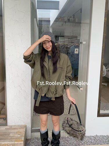 FST十三行2026早秋复古风卡其色短款女宽松廓形夹克帅气复古外套