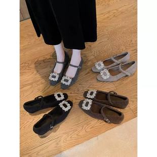 水钻方扣毛毛玛丽珍鞋女秋冬加绒方头一字带粗跟鞋子保暖法式单鞋
