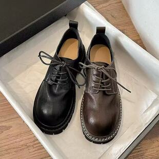 水洗缩纹真皮厚底系带乐福鞋女2026新款春秋季粗跟百搭小皮鞋单鞋