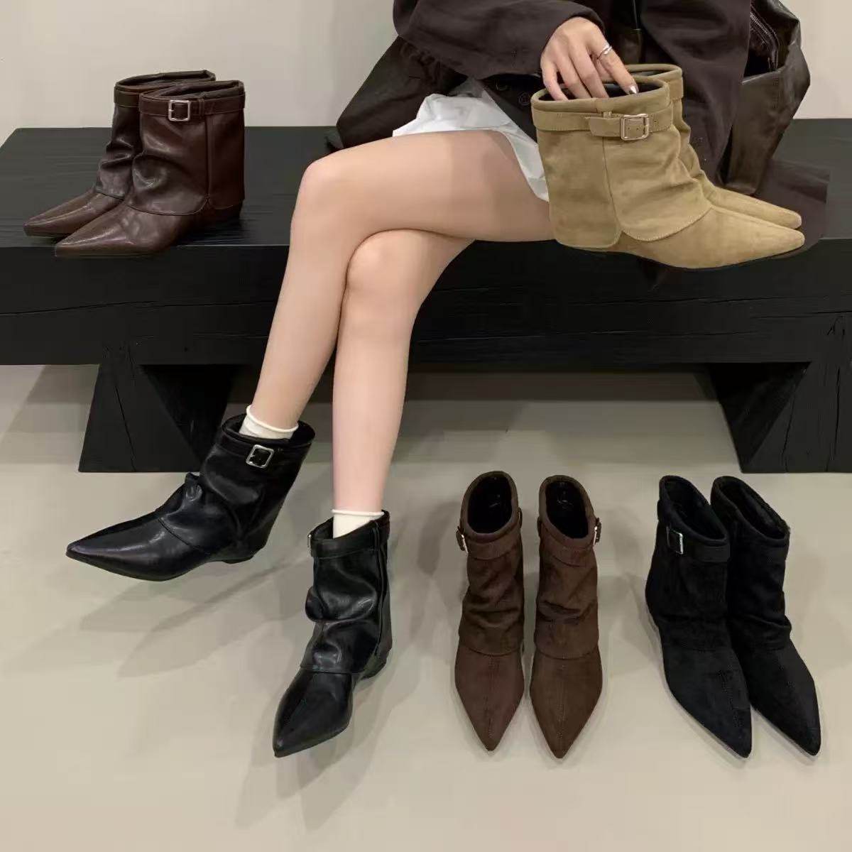 尖头短靴女2025秋冬季内增高皮带扣小众西部靴显腿长低跟时装靴女,女鞋,时装靴,淘宝优惠券,粉丝福利购,淘宝优惠卷