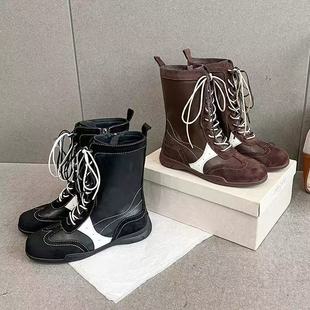 新款靴子女式皮靴中筒靴隐形内增高美拉德骑士靴真皮西部牛仔短靴