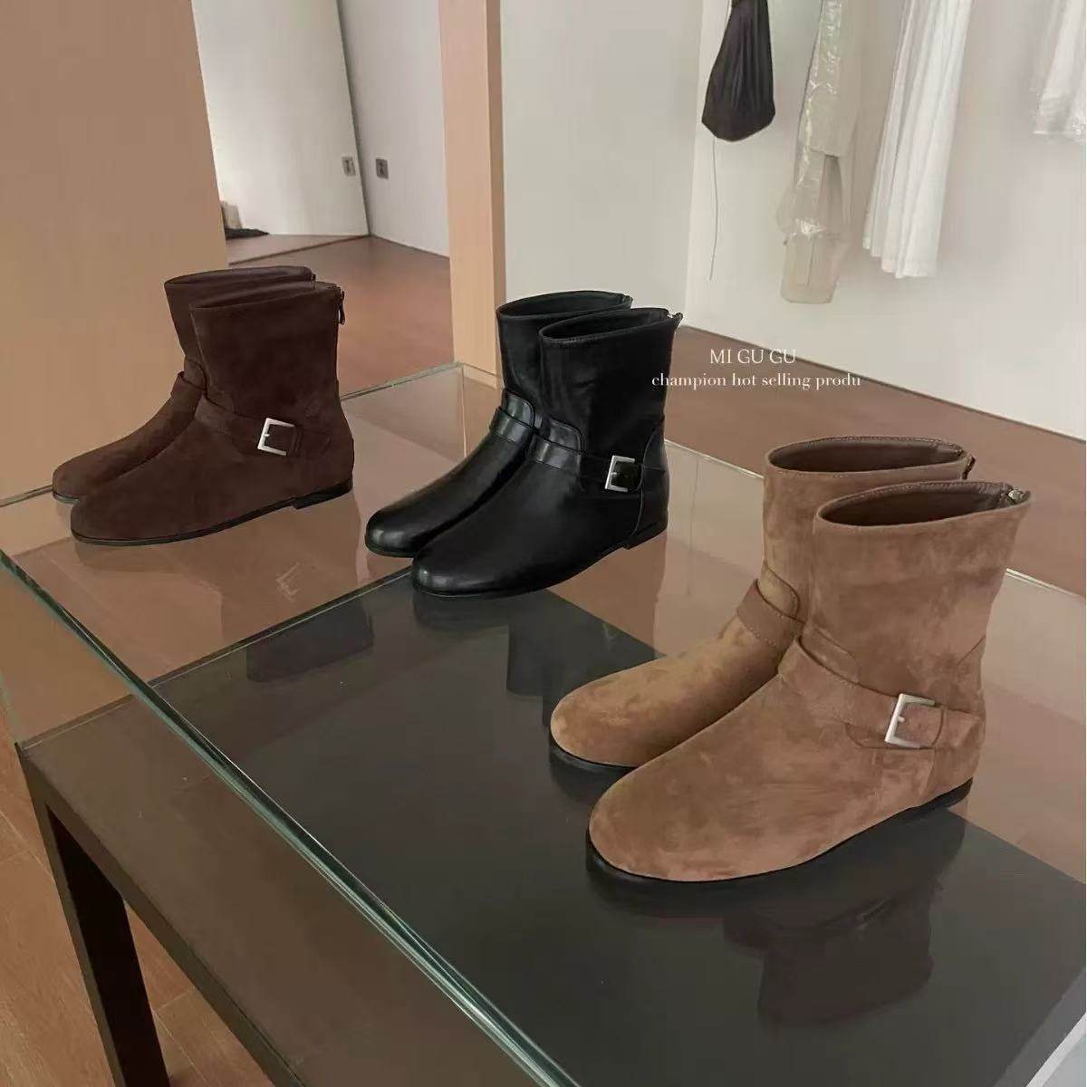 2025新款秋冬季圆头通勤绒面软底后拉链低筒真皮瘦瘦靴马丁女短靴,女鞋,马丁靴,淘宝优惠券,粉丝福利购,淘宝优惠卷