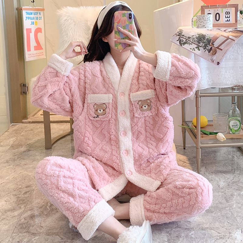 秋冬季加绒加厚保暖珊瑚绒月子服